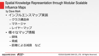 ©2018 SQUARE ENIX CO., LTD. All Rights Reserved.
• インフルエンスマップ実装
– クラス構造体
– マネージャ
– レイヤーマップ
• 様々なマップ情報
– 興味
– 脅威
– 距離による減衰 など
Spatial Knowledge Representation through Modular Scalable
Influence Maps
by Dave Mark
 