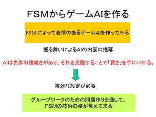 ＦＳＭからゲームＡＩを作る
FSM によって表情のあるゲームＡＩを作ってみる
振る舞いによるＡＩの内面の描写
ＡＩは世界の複雑さがあり、それを克服することで「賢さ」を手にいれる。
複雑な設定が必要
グループワークのための問題作りを通して、
ＦＳＭの技術の姿が見えて来る
 