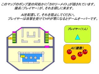 プレイヤー（１人）
ＡＩ（複数）
このマップのポンプ室の何処かに「カロリーメイト」が隠されています。
傭兵（プレイヤー）が、それを探しに来ます。
ＡＩを配置して、それを阻止してください。
プレイヤーは攻撃を受けてＨＰが零になるとゲームオーバーです。
Calolie
Mate
 