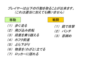 （１） 歩く/走る
（２） 飛び込み前転
（３） 段差を乗り越える
（４） ホフク前進
（５） ぶら下がり
（６） 物音を（わざと）立てる
（７） ロッカーに隠れる
プレイヤーは以下の行動を取ることが出来ます。
（これは適当に加えても構いません）
移動
（１） 銃で攻撃
（２） パンチ
（３） 首締め
戦闘
 