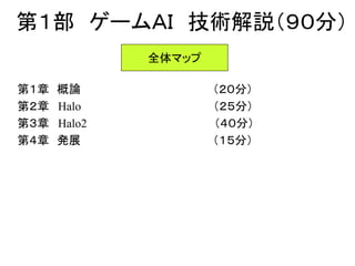 第１部 ゲームＡＩ 技術解説（９０分）
第１章 概論 （２０分）
第２章 Halo （２５分）
第３章 Halo2 （４０分）
第４章 発展 （１５分）
全体マップ
 