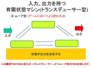 状態が出力を決定する
入力、出力を持つ
有限状態マシン(トランスデューサー型)
② ムーア型（ゲームにおいてよく使われる）
入力
出力
この講演ではＦＳＭと言えば、トランスデューサー、かつムーア型のＦＳＭを指します。
 