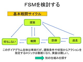 ＦＳＭを検討する
何もしない
探索
戦闘 防御 逃走
基本戦闘サイクル
このダイアグラム自体は単純だが、遷移条件や状態からアクションを
指定するロジックは複雑になり、実装は難しい。
別の仕組みを探す
 