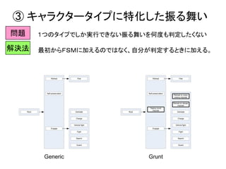③ キャラクタータイプに特化した振る舞い
Self-preservation
Engage
Search
Charge
Fight
Guard
Grenade
Retreat Flee
Vehicle fight
Generic
Root
Self-preservation
Engage
Search
Charge
Fight
Guard
Grenade
Retreat Flee
Vehicle fight
Retreat on danger
impulse
Retreat on scary
enemy impulse
Deploy turret
impulse
Grunt
Root
問題 １つのタイプでしか実行できない振る舞いを何度も判定したくない
最初からＦＳＭに加えるのではなく、自分が判定するときに加える。解決法
 