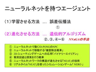 ニューラルネットを持つエージェント
（１）学習させる方法 … 誤差伝播法
（２）進化させる方法 … 遺伝的アルゴリズム
① ニューラルネットで動く3D-PONGのNPC
② ニューラルネットで移動する「機雷除去戦車」
③ 2D-シューティングゲームへの応用「バイナリーエイリアン」
④ 衝突回避と探索を行う戦車
⑤ ニューラルネットワークの構造が進化させる「NEAT」の技術
⑥ リアルタイム「NEAT」を使ったシミュレーションゲーム「 NERO 」
①
②、③、④～⑥ NNｘGAの手法
 
