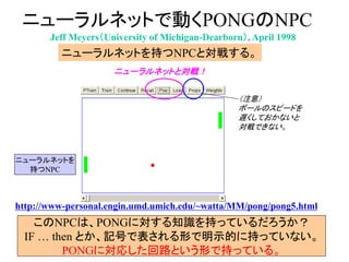 ニューラルネットで動くPONGのNPC
http://www-personal.engin.umd.umich.edu/~watta/MM/pong/pong5.html
Jeff Meyers（University of Michigan-Dearborn）, April 1998
ニューラルネットを持つNPCと対戦する。
ニューラルネットと対戦！
（注意）
ボールのスピードを
遅くしておかないと
対戦できない。
このNPCは、PONGに対する知識を持っているだろうか？
IF … then とか、記号で表される形で明示的に持っていない。
PONGに対応した回路という形で持っている。
ニューラルネットを
持つNPC
 