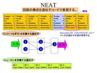 NEAT
回路の構成を遺伝子コードで表現する。
Weight: 1.2
From: 1
To: 3
Enabled: Y
Recurrent: N
Innovation: 1
Weight: -3
From: 1
To: 4
Enabled: Y
Recurrent: N
Innovation: 6
Weight: 0.7
From: 2
To: 4
Enabled: Y
Recurrent: N
Innovation: 2
Weight: -2.1
From: 3
To: 4
Enabled: Y
Recurrent: N
Innovation: 6
Weight: 1.1
From: 3
To: 5
Enabled: N
Recurrent: N
Innovation: 3
Weight: 0.8
From: 4
To: 5
Enabled: Y
Recurrent: N
Innovation: 4
Weight: -1
From: 5
To: 3
Enabled: Y
Recurrent: Y
Innovation: 7
ID: 1
Type: Input
ID: 2
Type: Input
ID: 3
Type: hidden
ID: 4
Type: hidden
ID: 5
Type: Output
2
1
4
3
5
リンク（つなぎ方）を定義する遺伝子
ニューロンを定義する遺伝子
Innovation ID によってリンク、ニュー
ロンを全遺伝子共通の管理する。
無効
入力 出力
 