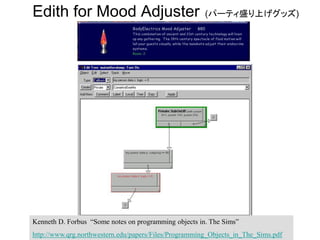 Edith for Mood Adjuster (パーティ盛り上げグッズ)
Kenneth D. Forbus “Some notes on programming objects in. The Sims”
http://www.qrg.northwestern.edu/papers/Files/Programming_Objects_in_The_Sims.pdf
 