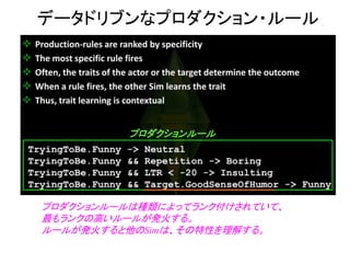 データドリブンなプロダクション・ルール
プロダクションルール
プロダクションルールは種類によってランク付けされていて、
最もランクの高いルールが発火する。
ルールが発火すると他のSimは、その特性を理解する。
 