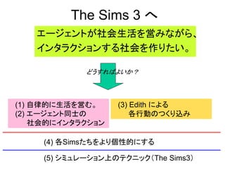 The Sims 3 へ
エージェントが社会生活を営みながら、
インタラクションする社会を作りたい。
どうすればよいか？
(1) 自律的に生活を営む。
(2) エージェント同士の
社会的にインタラクション
(3) Edith による
各行動のつくり込み
(4) 各Simsたちをより個性的にする
(5) シミュレーション上のテクニック（The Sims3）
 