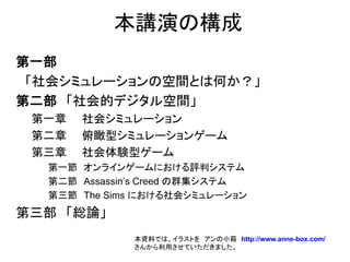 本講演の構成
第一部
「社会シミュレーションの空間とは何か？」
第二部 「社会的デジタル空間」
第一章 社会シミュレーション
第二章 俯瞰型シミュレーションゲーム
第三章 社会体験型ゲーム
第一節 オンラインゲームにおける評判システム
第二節 Assassin’s Creed の群集システム
第三節 The Sims における社会シミュレーション
第三部 「総論」
本資料では、イラストを アンの小箱 http://www.anne-box.com/
さんから利用させていただきました。
 