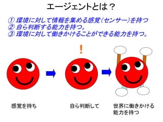 エージェントとは？
① 環境に対して情報を集める感覚（センサー）を持つ
② 自ら判断する能力を持つ。
③ 環境に対して働きかけることができる能力を持つ。
自ら判断して感覚を持ち 世界に働きかける
能力を持つ
！
 
