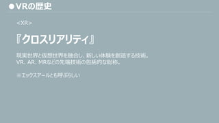 ●VRの歴史
<XR>
『クロスリアリティ』
現実世界と仮想世界を融合し、新しい体験を創造する技術。
VR、AR、MRなどの先端技術の包括的な総称。
※エックスアールとも呼ぶらしい
 
