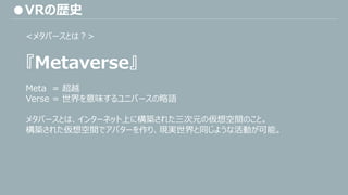 ●VRの歴史
<メタバースとは？>
『Metaverse』
Meta = 超越
Verse = 世界を意味するユニバースの略語
メタバースとは、インターネット上に構築された三次元の仮想空間のこと。
構築された仮想空間でアバターを作り、現実世界と同じような活動が可能。
 