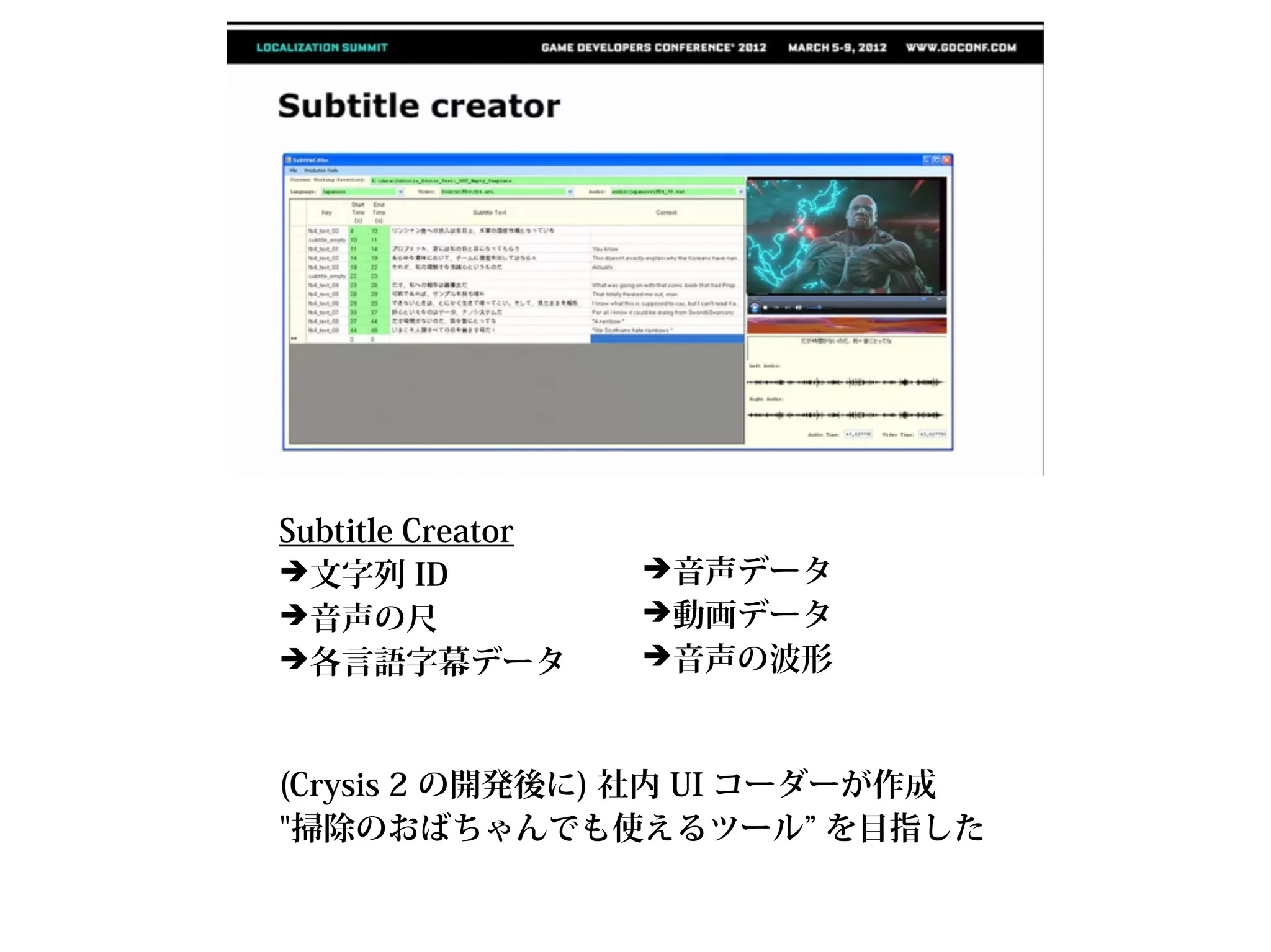 Subtitle Creator
➔文字列 ID            ➔音声データ
➔音声の尺              ➔動画データ
➔各言語字幕データ          ➔音声の波形



(Crysis 2 の開発後に) 社内 UI コーダーが作成
"掃除のおばちゃんでも使えるツール” を目指した
 