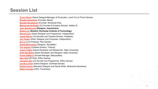 Session List
10
Trynn Check (Game Designer/Manager of Production, Level You & iThrive Games)
Nicolas Saraintaris (Founder, Beavl)
Nicolas Recabarren (Founder, Nonsense Arts)
Mohannad Al-Khatib (Co-Founder & Creative Director, Artifact 5)
Jenn Sandercock (Designer, Inquisiment)
Shawn Liu (Student, Rochester Institute of Technology)
Dennis Carr (Game Designer and Programmer, Independent)
Jonah Warren (Co-founder and Creative Director, Feedtank)
Jay Tholen (Artist, Designer and Composer, Independent)
Su Liu (Live Producer, Riot Games)
Daniel Benmergui (Designer, Storyteller)
Tim Garbos (Creative Director, Triband)
Juuso Toikka (Game Developer and Researcher, Aalto University)
Antti Sandberg (Game Developer and Designer, Aalto University)
Frank DeMarco (Arcade Manager, Babycastles)
Alex Bull (3D Artist, Kitfox Games)
Jongwoo Kim (Co-founder and Programmer, Kitfox Games)
Lee-Kuo Chen (Game Designer, Sunhead Games)
Gerben Grave (Narrative Designer and Game Writer, Multiverse Narratives)
Robin Hunicke (CEO, Funomena)
 