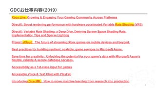 GDCお仕事内容（2019）
4
Xbox Live: Growing & Engaging Your Gaming Community Across Platforms
DirectX: Boost rendering performance with hardware accelerated Variable Rate Shading (VRS)
DirectX: Variable Rate Shading, a Deep Dive, Deriving Screen Space Shading Rate,
Implementation Tips and Sparse Lighting
Project xCloud: The future of streaming Xbox games on mobile devices and beyond.
Best practices for building resilient, scalable, game services in Microsoft Azure.
Save time for creativity: Unlocking the potential for your game’s data with Microsoft Azure’s
flexible, reliable & secure database services.
Accessibility as a 1st-class input for games
Accessible Voice & Text Chat with PlayFab
Introducing DirectML: How to move machine learning from research into production
 