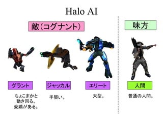 Halo AI
ちょこまかと
動き回る。
愛嬌がある。
グラント ジャッカル エリート
手堅い。 大型。
人間
敵（コグナント） 味方
普通の人間。
 