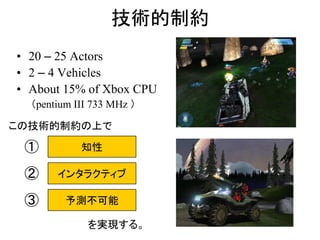 技術的制約
• 20 – 25 Actors
• 2 – 4 Vehicles
• About 15% of Xbox CPU
（pentium III 733 MHz ）
知性
インタラクティブ
予測不可能③
①
②
この技術的制約の上で
を実現する。
 