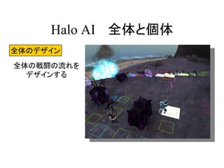 Halo AI 全体と個体
全体のデザイン
全体の戦闘の流れを
デザインする
 