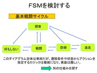 ＦＳＭを検討する
何もしない
探索
戦闘 防御 逃走
基本戦闘サイクル
このダイアグラム自体は単純だが、遷移条件や状態からアクションを
指定するロジックは複雑になり、実装は難しい。
別の仕組みを探す
 