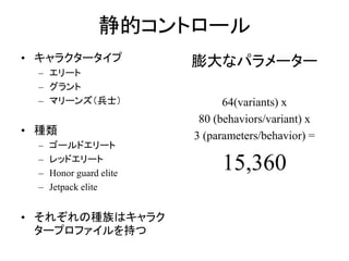 静的コントロール
• キャラクタータイプ
– エリート
– グラント
– マリーンズ（兵士）
• 種類
– ゴールドエリート
– レッドエリート
– Honor guard elite
– Jetpack elite
• それぞれの種族はキャラク
タープロファイルを持つ
膨大なパラメーター
64(variants) x
80 (behaviors/variant) x
3 (parameters/behavior) =
15,360
 