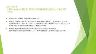フリーコメント
（SIG-Audioに限らず、日常での問題・疑問点などなんでもどうぞ）
（2/2）
 学校のスタジオが個人利用の貸出はNGでした...
 懇親会は不参加で申し訳ございませんが、毎度貴重な場を設けて頂き有難うございます。
次回も楽しみにしております。 しかしこれ、参加無料ですが、運営費どうなっているんでしょう？
全然お支払いしますので必要があればご連絡くださいませ。
 懇親会、最初は勝手が分からない人も割といらっしったように思いますが、
23時現在でも30人近い人が残っていて、無事に開催できて良かったなと感じています。
 