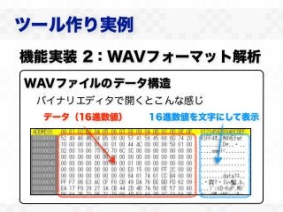 ツール作り実例
機能実装 2：WAVフォーマット解析
WAVファイルのデータ構造
 バイナリエディタで開くとこんな感じ
 データ（16進数値）   16進数値を文字にして表示
 