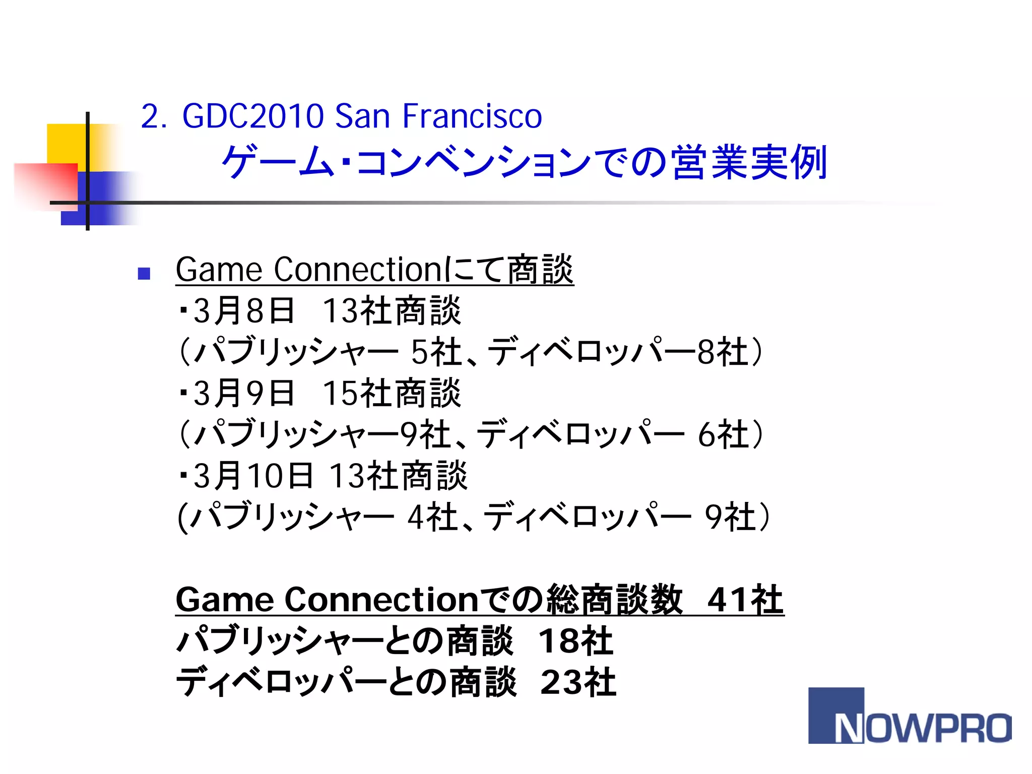 2．GDC2010 San Francisco
     ゲーム・コンベンションでの営業実例

   Game Connectionにて商談
    ・3月8日 13社商談
    （パブリッシャー 5社、ディベロッパー8社）
    ・3月9日 15社商談
    （パブリッシャー9社、ディベロッパー 6社）
    ・3月10日 13社商談
    (パブリッシャー 4社、ディベロッパー 9社）

    Game Connectionでの総商談数 41社
    パブリッシャーとの商談 18社
    ディベロッパーとの商談 23社
 