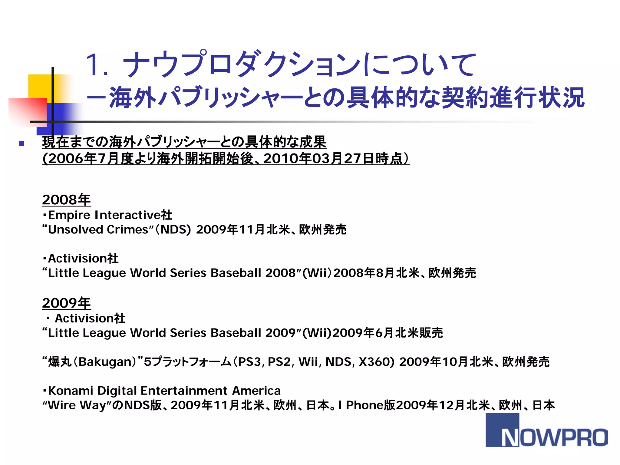 1．ナウプロダクションについて
          －海外パブリッシャーとの具体的な契約進行状況
   現在までの海外パブリッシャーとの具体的な成果
    (2006年7月度より海外開拓開始後、2010年03月27日時点）

    2008年
    ・Empire Interactive社
    “Unsolved Crimes”（NDS) 2009年11月北米、欧州発売

    ・Activision社
    “Little League World Series Baseball 2008”(Wii）2008年8月北米、欧州発売

    2009年
     ・ Activision社
    “Little League World Series Baseball 2009”(Wii)2009年6月北米販売

    “爆丸（Bakugan）”５プラットフォーム（PS3, PS2, Wii, NDS, X360) 2009年10月北米、欧州発売

    ・Konami Digital Entertainment America
    “Wire Way”のNDS版、2009年11月北米、欧州、日本。I Phone版2009年12月北米、欧州、日本
 