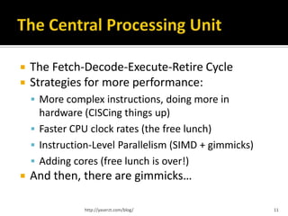    The Fetch-Decode-Execute-Retire Cycle
   Strategies for more performance:
     More complex instructions, doing more in
      hardware (CISCing things up)
     Faster CPU clock rates (the free lunch)
     Instruction-Level Parallelism (SIMD + gimmicks)
     Adding cores (free lunch is over!)
   And then, there are gimmicks…

               http://yaserzt.com/blog/                 11
 
