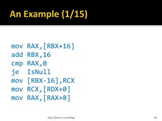 mov   RAX,[RBX+16]
add   RBX,16
cmp   RAX,0
je    IsNull
mov   [RBX-16],RCX
mov   RCX,[RDX+0]
mov   RAX,[RAX+8]

           http://yaserzt.com/blog/   34
 