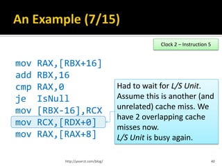 Clock 2 – Instruction 5


mov   RAX,[RBX+16]
add   RBX,16
cmp   RAX,0                           Had to wait for L/S Unit.
je    IsNull                          Assume this is another (and
                                      unrelated) cache miss. We
mov   [RBX-16],RCX
                                      have 2 overlapping cache
mov   RCX,[RDX+0]                     misses now.
mov   RAX,[RAX+8]                     L/S Unit is busy again.

           http://yaserzt.com/blog/                                         40
 