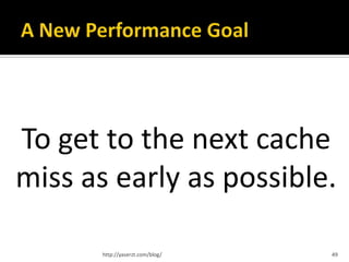 To get to the next cache
miss as early as possible.

       http://yaserzt.com/blog/   49
 