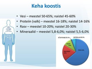 Keha koostis
• Vesi – meestel 50-65%; naistel 45-60%
• Proteiin (valk) – meestel 16-18%; naistel 14-16%
• Rasv – meestel 1...