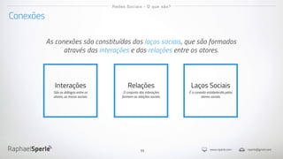 www.rsperle.com rsperle@gmail.com
11
Conexões
Redes Sociais - O que são?
As conexões são constituídas dos laços sociais, que são formados
através das interações e das relações entre os atores.
Interações
São os diálogos entre os
atores, as trocas sociais.
Relações
O conjunto das interações
formam as relações sociais.
Laços Sociais
É a conexão estabelecida pelos
atores sociais.
 