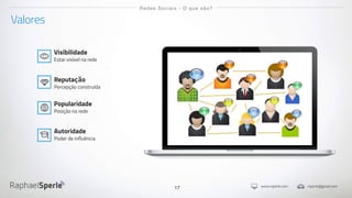 www.rsperle.com rsperle@gmail.com17
Valores
Redes Sociais - O que são?
Reputação
Percepção construída
Popularidade
Posição na rede
Autoridade
Poder de influência
Visibilidade
Estar visível na rede
 