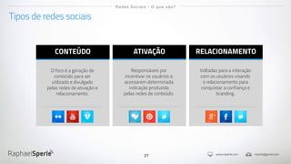 www.rsperle.com rsperle@gmail.com
27
Tipos de redes sociais
Redes Sociais - O que são?
CONTEÚDO
O foco é a geração de
conteúdo para ser
utilizado e divulgado
pelas redes de ativação e
relacionamento.
ATIVAÇÃO
Responsáveis por
incentivar os usuários a
acessarem determinada
indicação produzida
pelas redes de conteúdo.
RELACIONAMENTO
Voltadas para a interação
com os usuários visando
o relacionamento para
conquistar a confiança e
branding.
 