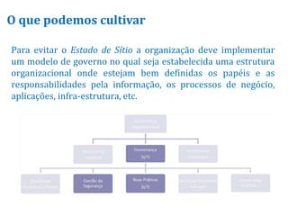 O que podemos cultivar

Para evitar o Estado de Sítio a organização deve implementar
um modelo de governo no qual seja estabelecida uma estrutura
organizacional onde estejam bem definidas os papéis e as
responsabilidades pela informação, os processos de negócio,
aplicações, infra-estrutura, etc.
 