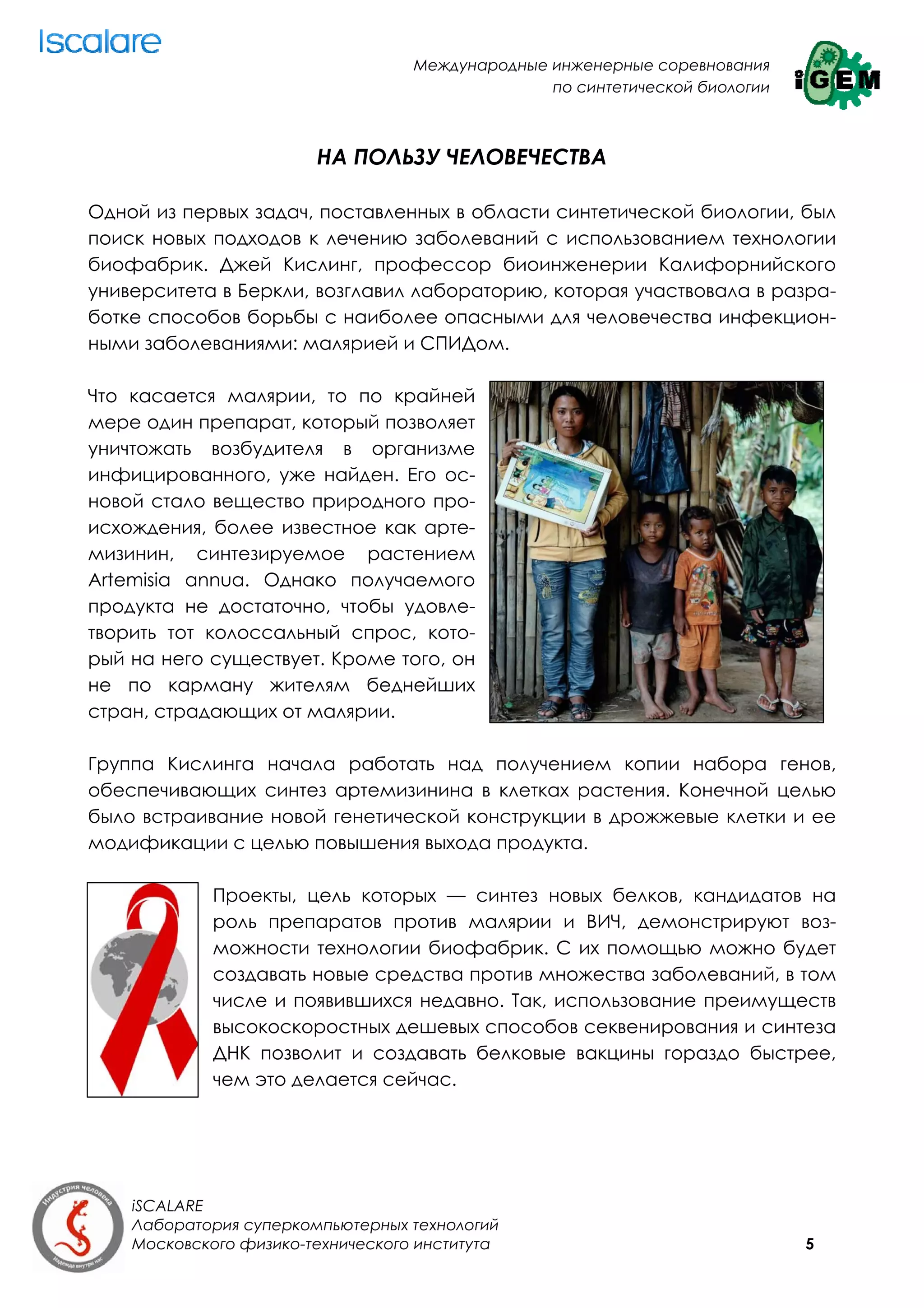 Международные инженерные соревнования
                                                 по синтетической биологии



                        НА ПОЛЬЗУ ЧЕЛОВЕЧЕСТВА

Одной из первых задач, поставленных в области синтетической биологии, был
поиск новых подходов к лечению заболеваний с использованием технологии
биофабрик. Джей Кислинг, профессор биоинженерии Калифорнийского
университета в Беркли, возглавил лабораторию, которая участвовала в разра-
ботке способов борьбы с наиболее опасными для человечества инфекцион-
ными заболеваниями: малярией и СПИДом.

Что касается малярии, то по крайней
мере один препарат, который позволяет
уничтожать возбудителя в организме
инфицированного, уже найден. Его ос-
новой стало вещество природного про-
исхождения, более известное как арте-
мизинин, синтезируемое растением
Artemisia annua. Однако получаемого
продукта не достаточно, чтобы удовле-
творить тот колоссальный спрос, кото-
рый на него существует. Кроме того, он
не по карману жителям беднейших
стран, страдающих от малярии.

Группа Кислинга начала работать над получением копии набора генов,
обеспечивающих синтез артемизинина в клетках растения. Конечной целью
было встраивание новой генетической конструкции в дрожжевые клетки и ее
модификации с целью повышения выхода продукта.

             Проекты, цель которых — синтез новых белков, кандидатов на
             роль препаратов против малярии и ВИЧ, демонстрируют воз-
             можности технологии биофабрик. С их помощью можно будет
             создавать новые средства против множества заболеваний, в том
             числе и появившихся недавно. Так, использование преимуществ
             высокоскоростных дешевых способов секвенирования и синтеза
             ДНК позволит и создавать белковые вакцины гораздо быстрее,
             чем это делается сейчас.




    iSCALARE
    Лаборатория суперкомпьютерных технологий
    Московского физико-технического института                                5
 