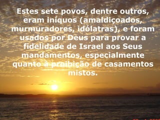 Estes sete povos, dentre outros,
eram iníquos (amaldiçoados,
murmuradores, idólatras), e foram
usados por Deus para provar a
fidelidade de Israel aos Seus
mandamentos, especialmente
quanto à proibição de casamentos
mistos.
 