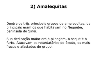 2) Amalequitas
Dentre os três principais grupos de amalequitas, os
principais eram os que habitavam no Neguebe,
península do Sinai.
Sua dedicação maior era a pilhagem, o saque e o
furto. Atacavam os retardatários do êxodo, os mais
fracos e afastados do grupo.
 