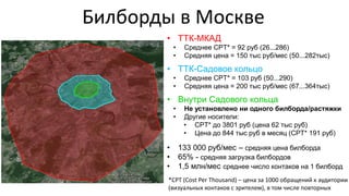 Билборды в Москве
• ТТК-МКАД
• Среднее CPT* = 92 руб (26...286)
• Средняя цена = 150 тыс руб/мес (50...282тыс)
• ТТК-Садовое кольцо
• Среднее CPT* = 103 руб (50...290)
• Средняя цена = 200 тыс руб/мес (67...364тыс)
• Внутри Садового кольца
• Не установлено ни одного билборда/растяжки
• Другие носители:
• CPT* до 3801 руб (цена 62 тыс руб)
• Цена до 844 тыс руб в месяц (CPT* 191 руб)
• 133 000 руб/мес – средняя цена билборда
• 65% - средняя загрузка билбордов
• 1,5 млн/мес среднее число контаков на 1 билборд
*CPT (Cost Per Thousand) – цена за 1000 обращений к аудитории
(визуальных контаков с зрителем), в том числе повторных
 
