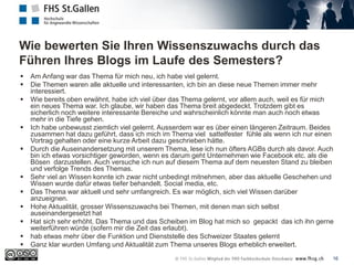 Wie bewerten Sie Ihren Wissenszuwachs durch das
Führen Ihres Blogs im Laufe des Semesters?
16
 Am Anfang war das Thema für mich neu, ich habe viel gelernt.
 Die Themen waren alle aktuelle und interessanten, ich bin an diese neue Themen immer mehr
interessiert.
 Wie bereits oben erwähnt, habe ich viel über das Thema gelernt, vor allem auch, weil es für mich
ein neues Thema war. Ich glaube, wir haben das Thema breit abgedeckt. Trotzdem gibt es
sicherlich noch weitere interessante Bereiche und wahrscheinlich könnte man auch noch etwas
mehr in die Tiefe gehen.
 Ich habe unbewusst ziemlich viel gelernt. Ausserdem war es über einen längeren Zeitraum. Beides
zusammen hat dazu geführt, dass ich mich im Thema viel sattelfester fühle als wenn ich nur einen
Vortrag gehalten oder eine kurze Arbeit dazu geschrieben hätte.
 Durch die Auseinandersetzung mit unserem Thema, lese ich nun öfters AGBs durch als davor. Auch
bin ich etwas vorsichtiger geworden, wenn es darum geht Unternehmen wie Facebook etc. als die
Bösen darzustellen. Auch versuche ich nun auf diesem Thema auf dem neuesten Stand zu bleiben
und verfolge Trends des Themas.
 Sehr viel an Wissen konnte ich zwar nicht unbedingt mitnehmen, aber das aktuelle Geschehen und
Wissen wurde dafür etwas tiefer behandelt. Social media, etc.
 Das Thema war aktuell und sehr umfangreich. Es war möglich, sich viel Wissen darüber
anzueignen.
 Hohe Aktualität, grosser Wissenszuwachs bei Themen, mit denen man sich selbst
auseinandergesetzt hat
 Hat sich sehr erhöht. Das Thema und das Scheiben im Blog hat mich so gepackt das ich ihn gerne
weiterführen würde (sofern mir die Zeit das erlaubt).
 hab etwas mehr über die Funktion und Dienststelle des Schweizer Staates gelernt
 Ganz klar wurden Umfang und Aktualität zum Thema unseres Blogs erheblich erweitert.
 