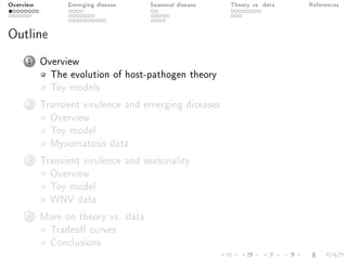 Overview Emerging disease Seasonal disease Theory vs. data References
Outline
1 Overview
The evolution of host-pathogen theory
Toy models
2 Transient virulence and emerging diseases
Overview
Toy model
Myxomatosis data
3 Transient virulence and seasonality
Overview
Toy model
WNV data
4 More on theory vs. data
Tradeo curves
Conclusions
 