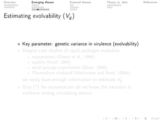Overview Emerging disease Seasonal disease Theory vs. data References
Estimating evolvability (Vg)
Key parameter: genetic variance in virulence (evolvability)
Despite case studies of rapid pathogen evolution:
myxomatosis (Dwyer et al., 1990)
syphilis (Knell, 2004)
serial passage experiments (Ebert, 1998)
Plasmodium chabaudi (Mackinnon and Read, 1999a)
we rarely have enough information to estimate Vg
Only (?) for myxomatosis do we know the variation in
virulence among circulating strains
 
