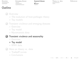 Overview Emerging disease Seasonal disease Theory vs. data References
Outline
1 Overview
The evolution of host-pathogen theory
Toy models
2 Transient virulence and emerging diseases
Overview
Toy model
Myxomatosis data
3 Transient virulence and seasonality
Overview
Toy model
WNV data
4 More on theory vs. data
Tradeo curves
Conclusions
 