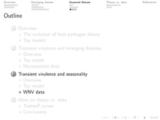 Overview Emerging disease Seasonal disease Theory vs. data References
Outline
1 Overview
The evolution of host-pathogen theory
Toy models
2 Transient virulence and emerging diseases
Overview
Toy model
Myxomatosis data
3 Transient virulence and seasonality
Overview
Toy model
WNV data
4 More on theory vs. data
Tradeo curves
Conclusions
 