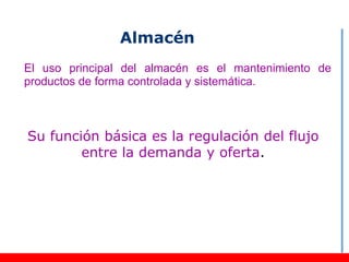 Almacén
El uso principal del almacén es el mantenimiento de
productos de forma controlada y sistemática.



Su función básica es la regulación del flujo
        entre la demanda y oferta.
 