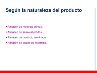 Según la naturaleza del producto


 Almacén de materias primas.
 Almacén de semielaborados.
 Almacén de producto terminado.
 Almacén de piezas de recambio.
 